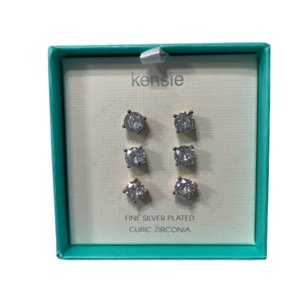 Kensie Fine Silver Plated Cubic Zirconia 6pc Earrings + Gift Box Included